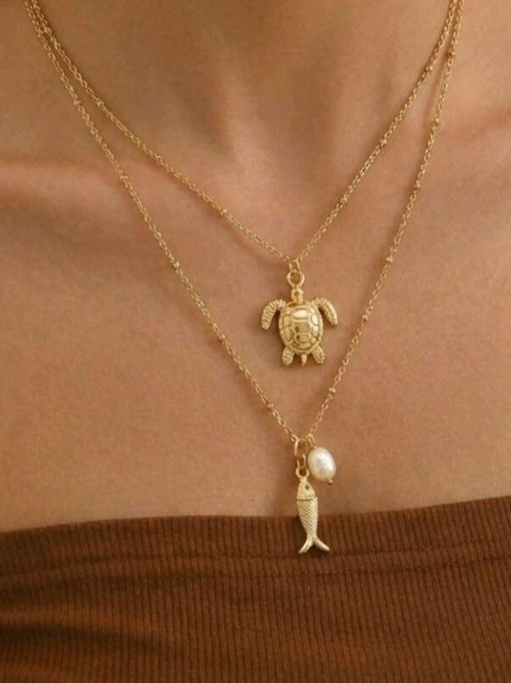 Layered Gold Turtle & Fish Pendant Necklace with Pearl Accent